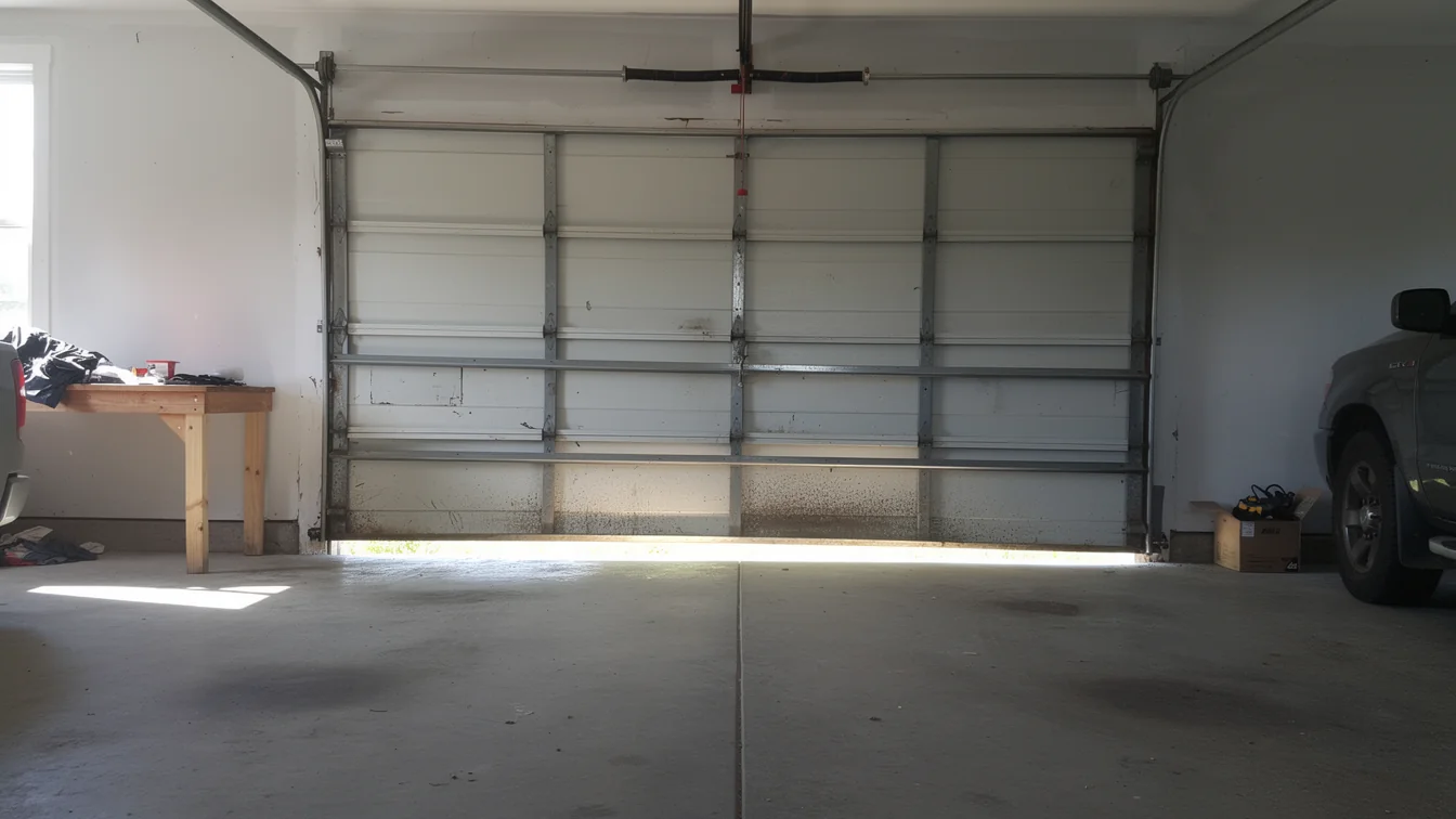 The white garage door is partially open, showing the torsion spring and tracks.