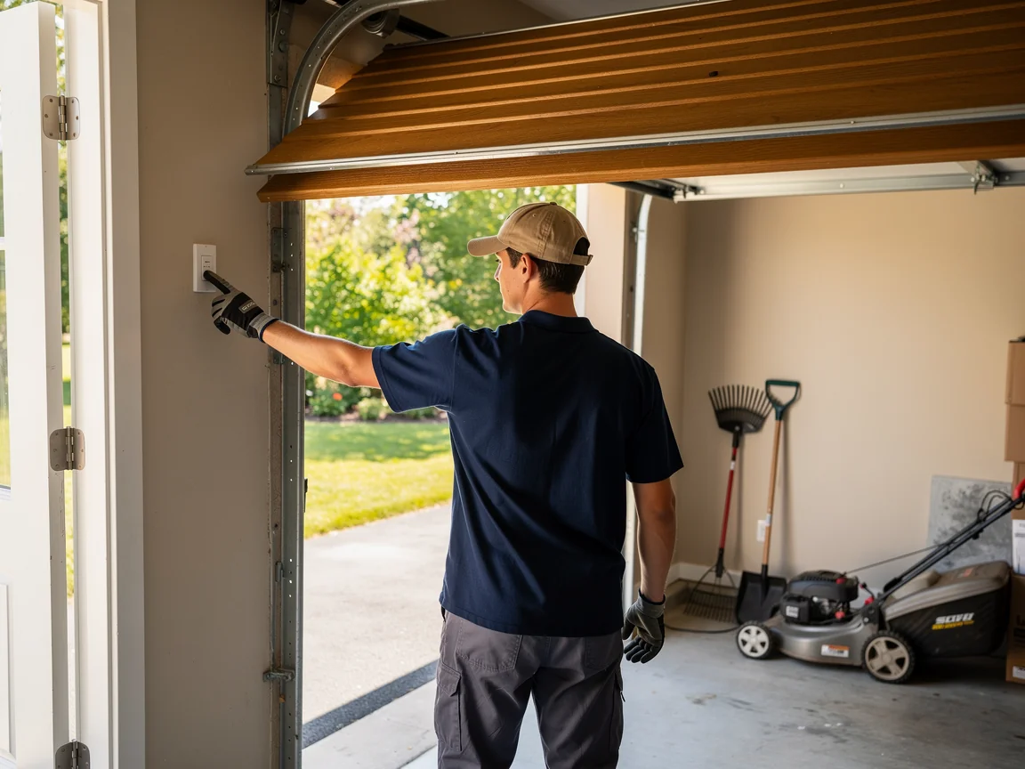 A technician in a cap and gloves presses a garage door opener button.