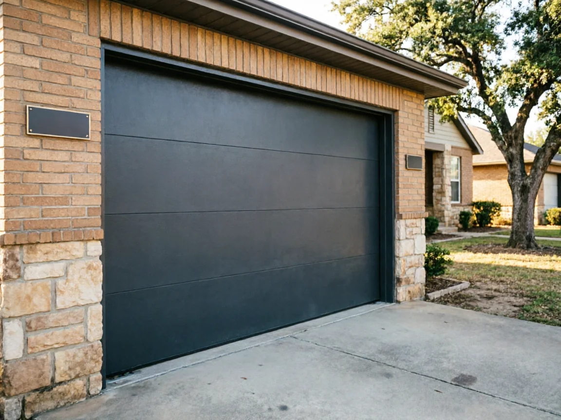 A dark gray garage door is installed in a brick and stone house.