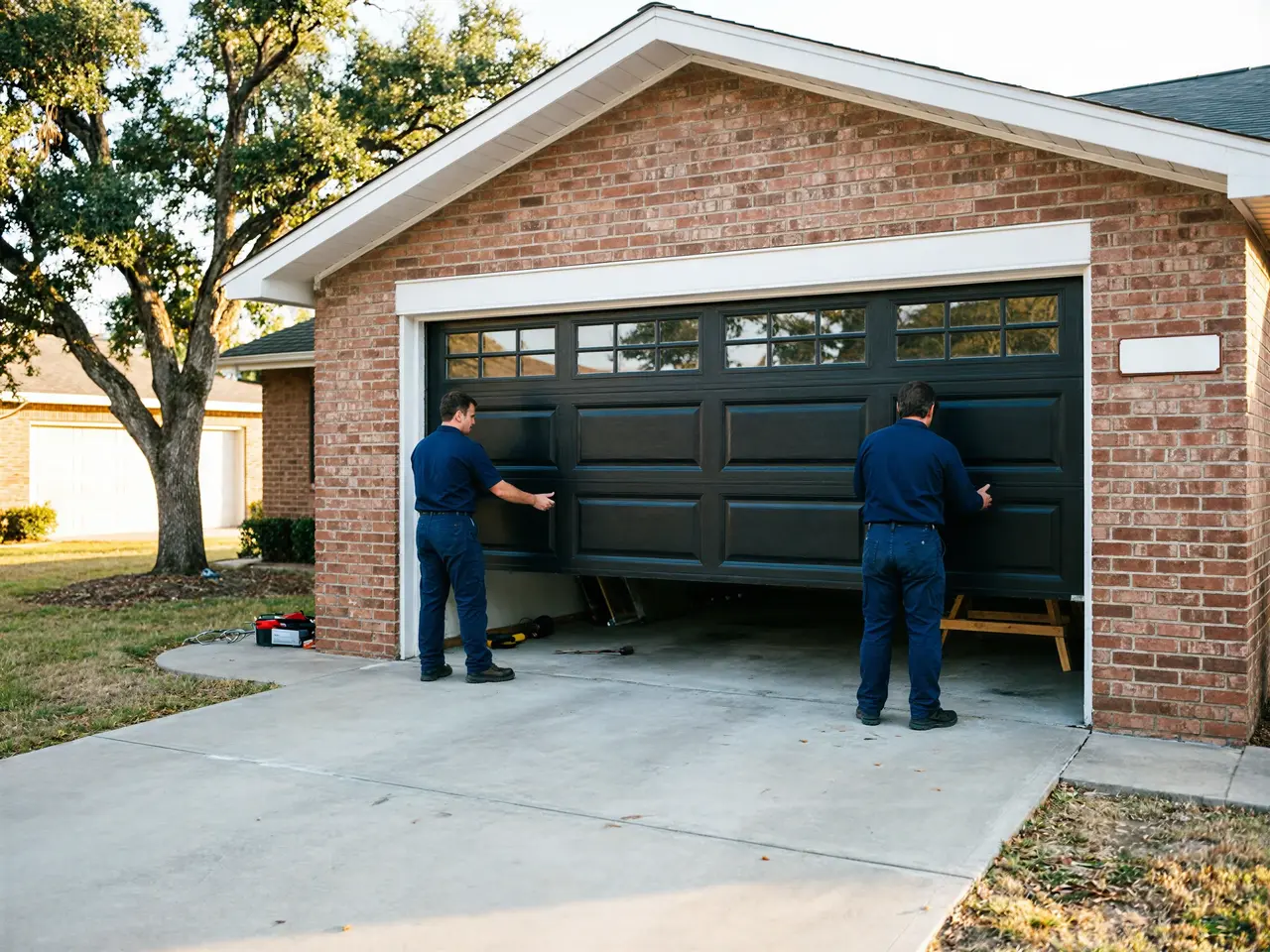 Two technicians install a black garage door on a brick house.