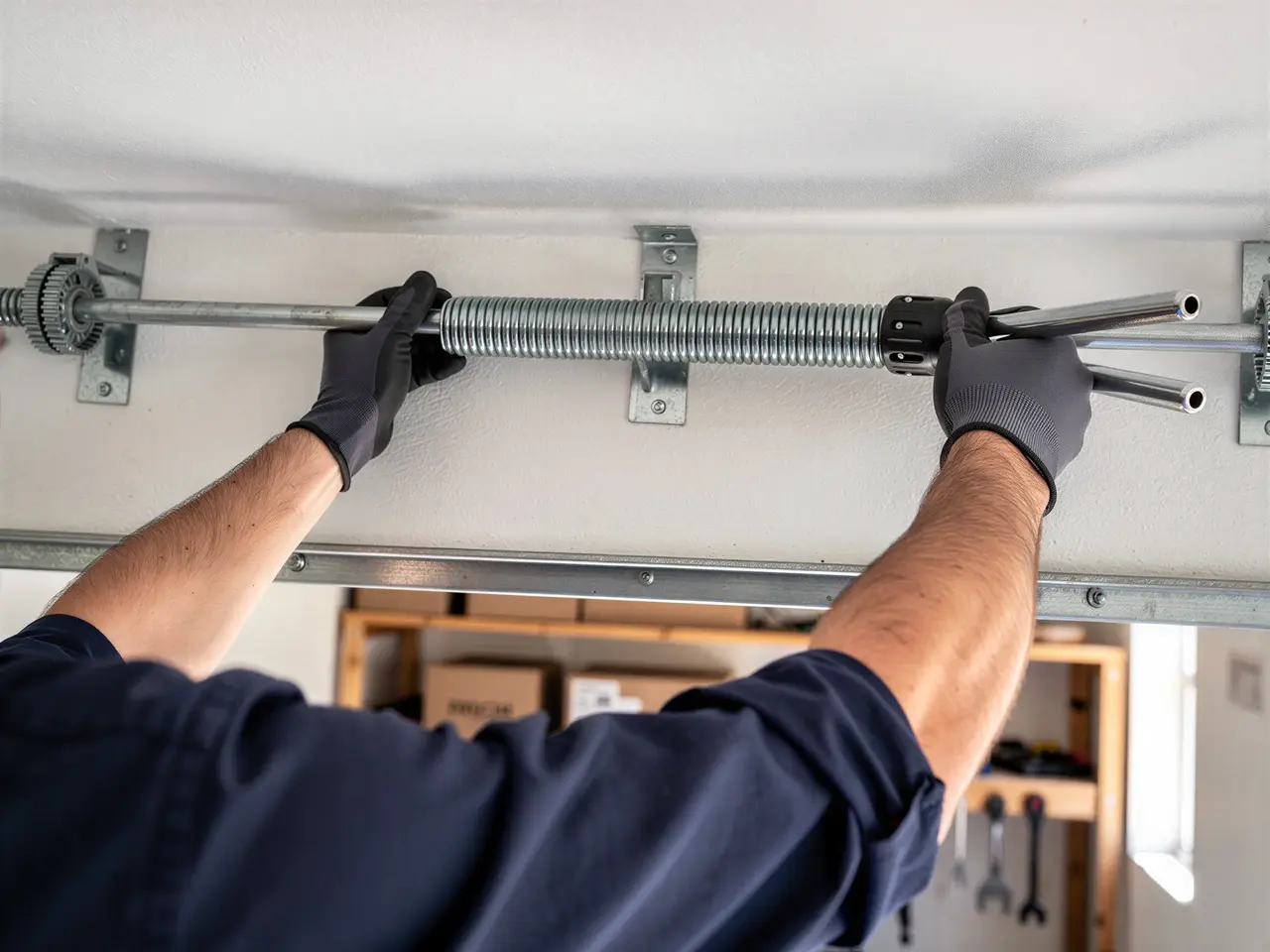A technician adjusts a garage door torsion spring with winding bars.