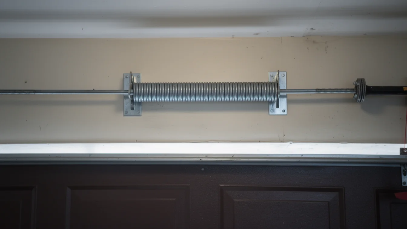 A new torsion spring is installed above a brown garage door.